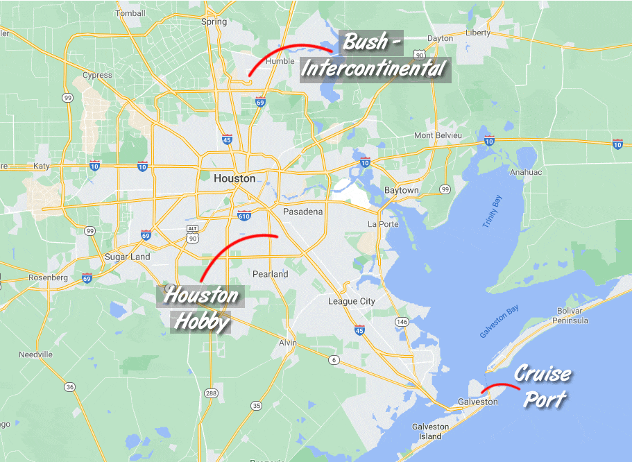 Houston airport map relative to Galveston cruise port