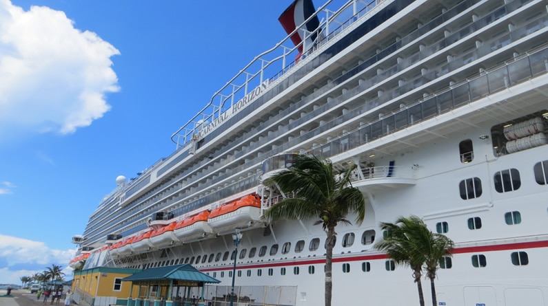 Side of the Carnival Horizon in port in Nassau